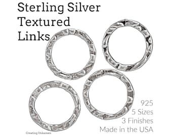 2  Round Sterling Silver Textured Links  in 12mm, 15mm, 20mm or 23mm - Shiny, Antique or Black