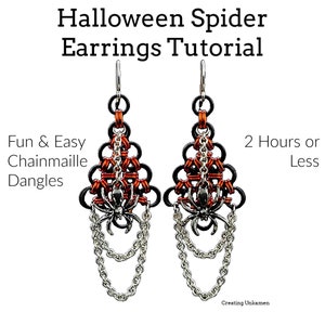 May include: A pair of Halloween spider earrings made with chainmaille. The earrings are orange and black with silver spider charms and chains. The earrings are a fun and easy project to make and can be completed in 2 hours or less.