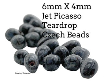 60 - 6x4mm Jet Picasso Teardrop Czech Beads - 100% Guarantee