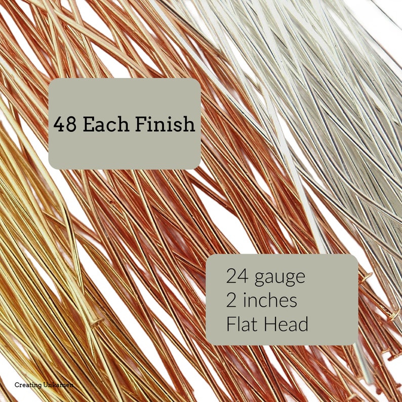 Op de afbeelding: Close-up van ambachtelijke draad in goud, koper en zilver afwerkingen. De afbeelding bevat de tekst "48 Each Finish" en "24 gauge 2 inches Flat Head". De draden zijn 5,08 cm lang.