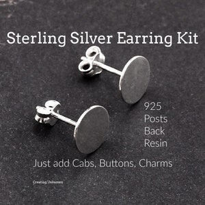 5 pairs Deluxe Sterling Silver Post Earring Kit with 4mm, 6mm, 8mm, 10mm Pad with Backs and Resin