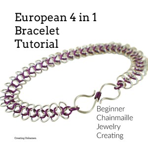 Puede incluir: Un brazalete de malla de cadena plateado y morado con un cierre de gancho. El brazalete está hecho con pequeños anillos entrelazados. El texto "European 4 in 1 Bracelet Tutorial" y "Beginner Chainmail Jewelry Creating" es visible en la imagen.