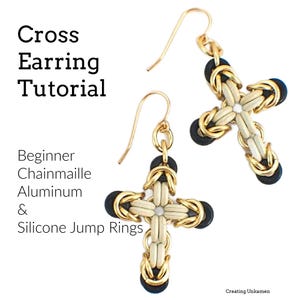 May include: A pair of gold cross earrings made with aluminium chainmaille and black silicone jump rings. The earrings are a beginner-friendly project.