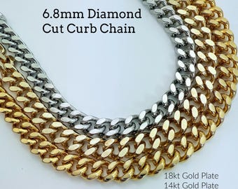 Chain Diamond Cut Curb 6.8mm 14kt Gold, 18kt Gold, Rhodium Plated - Any Length Necklace or Bulk Spool - Made in the USA