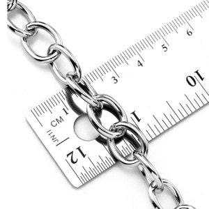 Puede incluir: Primer plano de un collar de cadena de eslabones de plata medido con una regla. Los eslabones de la cadena son de forma ovalada y miden 2,5 cm de largo.