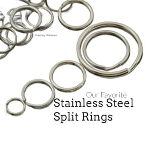 May include: Various sizes of stainless steel split rings are displayed against a white backdrop. The image shows multiple rings, some interlocked. Text reads "Our Favorite Stainless Steel Split Rings."