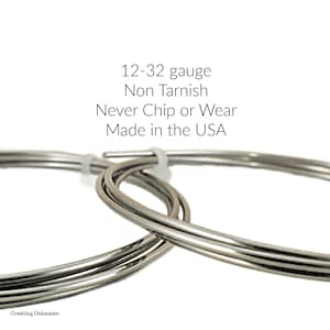 May include: Close-up of silver wire in various gauges, labeled "12-32 gauge Non Tarnish Never Chip or Wear Made in the USA".