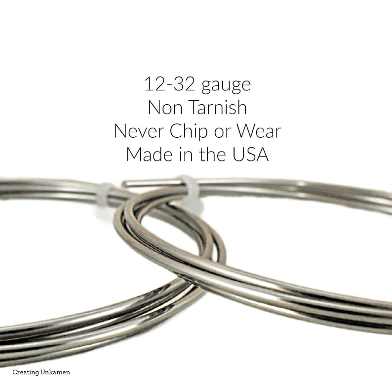 May include: Close-up of silver wire in various gauges, labeled "12-32 gauge Non Tarnish Never Chip or Wear Made in the USA".