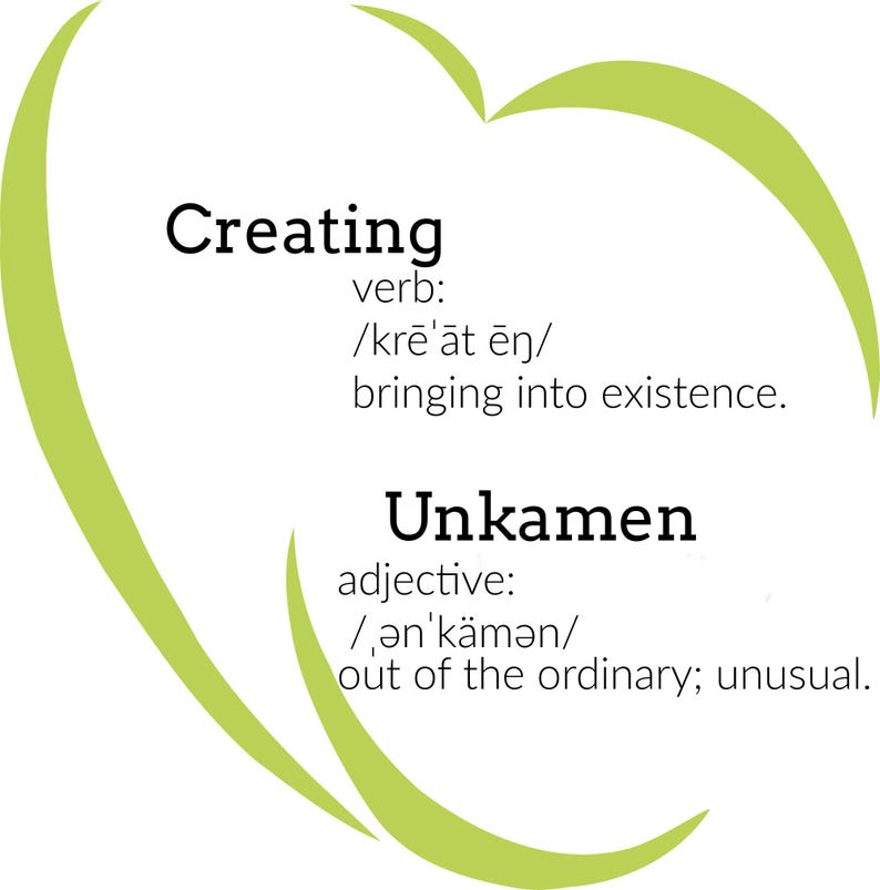 May include: A green heart-shaped graphic with the word "Creating" and its definition as a verb, "to bring into existence." Below that is the word "Unkamen" and its definition as an adjective, "out of the ordinary; unusual."