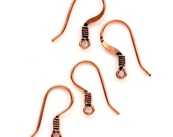 4 Pairs Antique Copper Ear Wires with Coils - Hammered or Round Solid 20 gauge