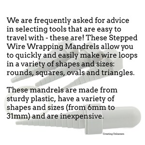 May include: A set of grey plastic wire wrapping mandrels in various sizes, ranging from 6mm to 31mm. These mandrels are designed to help create loops in different shapes, including rounds, squares, ovals, and triangles. The text "Creating Unkamen" is visible in the bottom right corner of the image.
