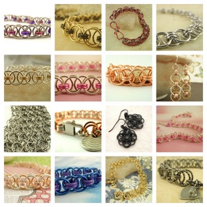 May include: A collage of 12 images showcasing various chainmail jewelry designs. The jewelry is made in different colors and metals, including silver, gold, copper, and pink. The designs include necklaces, bracelets, earrings, and a key chain.