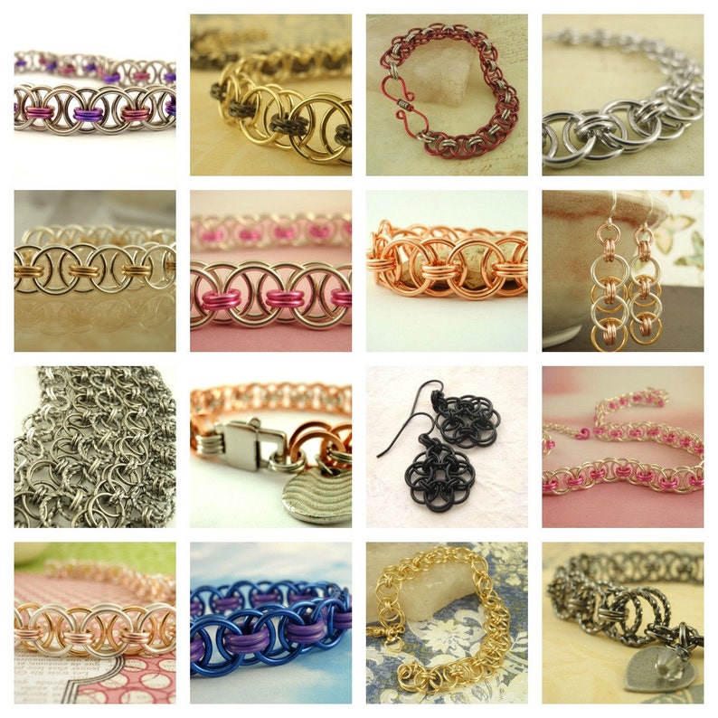 May include: A collage of 12 images showcasing various chainmail jewelry designs. The jewelry is made in different colors and metals, including silver, gold, copper, and pink. The designs include necklaces, bracelets, earrings, and a key chain.