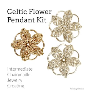 May include: Three Celtic flower pendant kits in gold and silver tones. The kits are made with chainmaille and are for intermediate jewelry makers. The text on the image reads "Celtic Flower Pendant Kit" and "Intermediate Chainmaille Jewelry Creating."