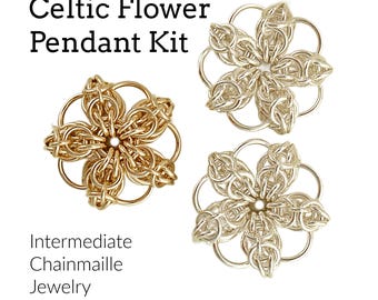 Kit para pingente em prata de lei ou ouro 14k com flor celta - Nível intermediário para criação de joias em cota de malha.