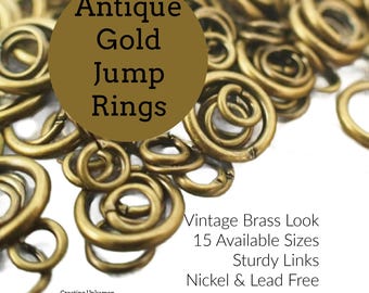 100 Antique Gold Jump Rings - Vintage Look in 22, 20, 18, 16 Gauge - Best Commercially Made - 100 % Guarantee