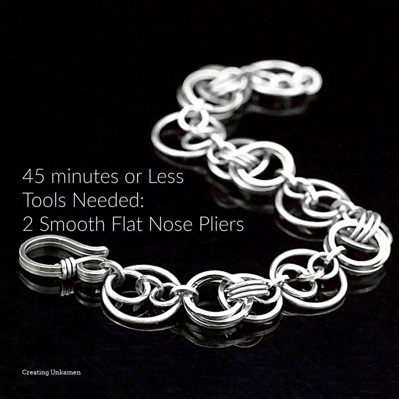 May include: A silver bracelet composed of linked circular elements, set against a black backdrop. The image includes text: "45 minutes or Less Tools Needed: 2 Smooth Flat Nose Pliers." The bracelet's design is intricate and eye-catching.