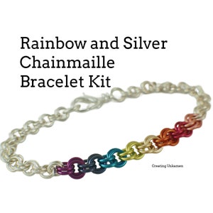 May include: Rainbow and silver chainmail bracelet kit. The bracelet features a silver chain with a rainbow colored chainmail section.