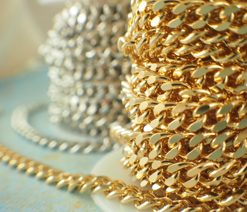 or Rhodium Plated 6.8mm Diamond Cut Curb Chain 18kt Gold Made in the USA You Pick Length 14kt Gold