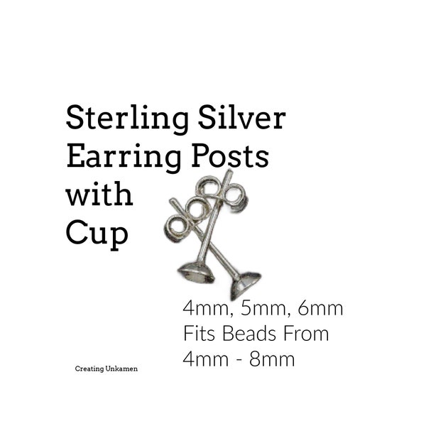 3 Pairs Sterling Silver Earring Posts with 4mm, 5mm or 6mm Cup