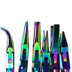 Professionelle Schmuckzange in Chroma Peacock Set, flache Nase, Kettennase, runde Nase, gebogene Nase, Seitenschneider - Niobium Drahtmuster enthalten