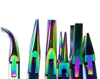 May include: A set of six rainbow-colored pliers with different tip shapes. The pliers are made of metal and have a shiny, iridescent finish.