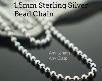 Cadena de 1,5 mm con cuentas de plata de ley, disponible por pie o en longitudes de 16", 18", 20", 24", 30" o 36".