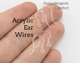 4 Pairs Acrylic Ear Wires  - Clear, Black, Gold, Silver - Hypoallergenic - 100% Guarantee