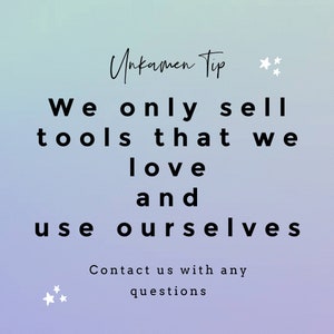 May include: A light blue and purple gradient background with white stars and black text that reads "Unkamen Tip" and "We only sell tools that we love and use ourselves. Contact us with any questions."