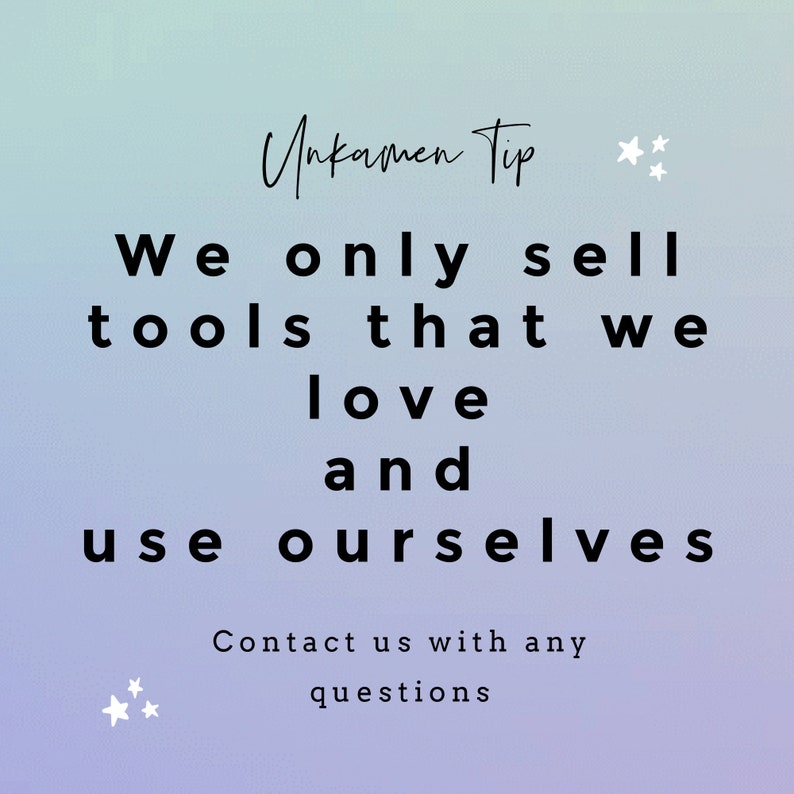 May include: A light blue and purple gradient background with white stars and black text that reads "Unkamen Tip" and "We only sell tools that we love and use ourselves. Contact us with any questions."