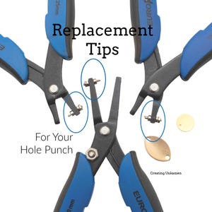 May include: A collection of black and blue pliers with replacement tips for a hole punch. The image includes the text "Replacement Tips For Your Hole Punch."