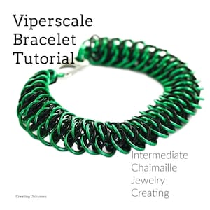May include: Green and black chainmail bracelet tutorial. Intermediate chainmail jewelry creating.