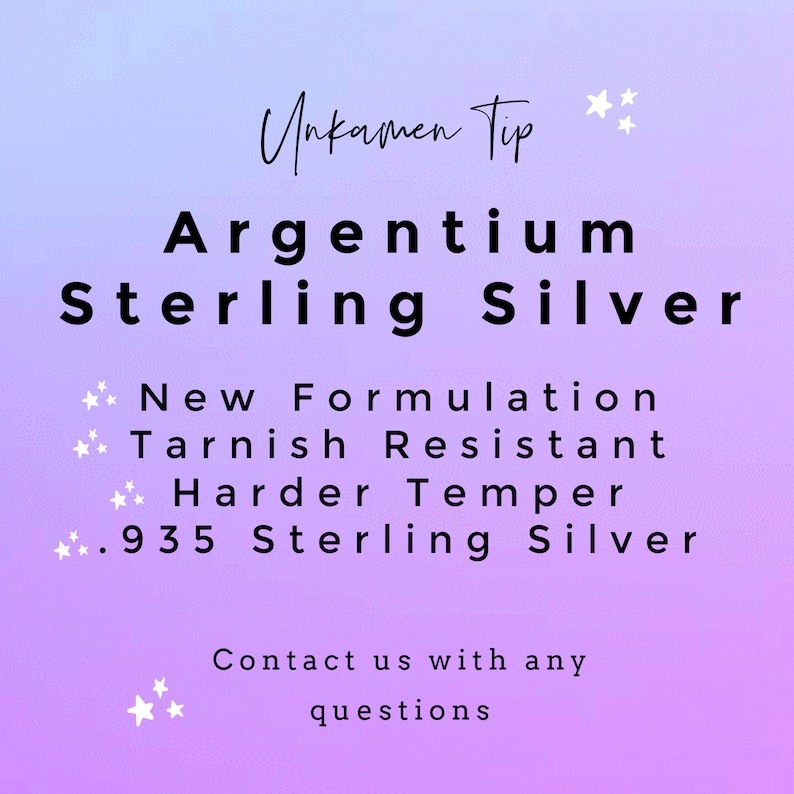 May include: A pink and purple gradient background with white stars and black text that reads "Unkamen Tip Argentium Sterling Silver New Formulation Tarnish Resistant Harder Temper .935 Sterling Silver Contact us with any questions".