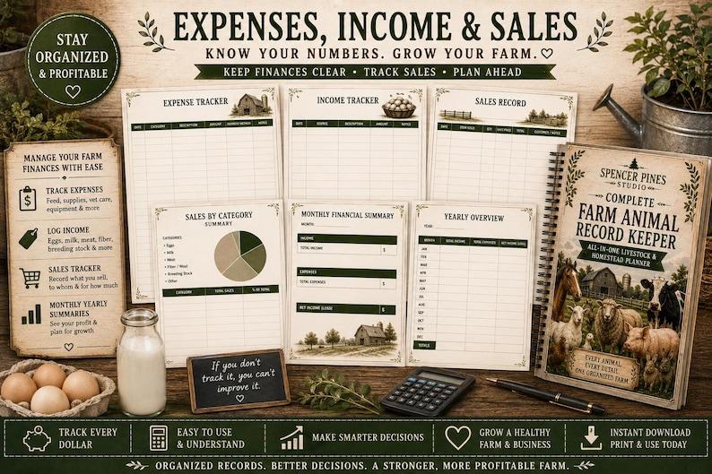 May include: A farm financial record keeping set featuring a spiral-bound planner titled Complete Farm Animal Record Keeper, various tracking sheets for expenses, income, and sales, a small chalkboard with text, a calculator, and a pen.