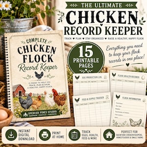 May include: A spiral-bound record keeper titled The Ultimate Chicken Record Keeper with 15 printable pages. The cover features a red barn, four chickens, and the text Spencer Pines Studio. Includes logs for egg production, flock health, and feed.