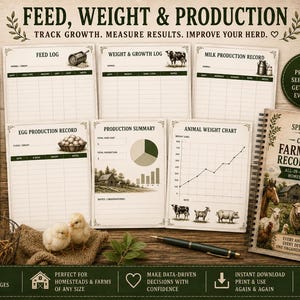 May include: A farm animal record keeper planner with a spiral binding, featuring a cover titled Complete Farm Animal Record Keeper. It includes various printed log sheets for tracking feed, weight, milk, and egg production, alongside a pen and two chicks.