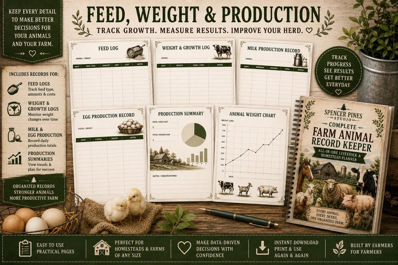 May include: A farm animal record keeper planner with a spiral binding, featuring a cover titled Complete Farm Animal Record Keeper. It includes various printed log sheets for tracking feed, weight, milk, and egg production, alongside a pen and two chicks.