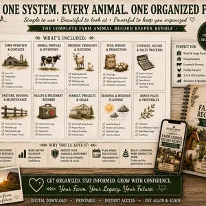 May include: A digital farm animal record keeper bundle featuring a comprehensive layout with sections for animal profiles, breeding, health, and expenses. The document includes illustrations of livestock, farm buildings, and weather icons on a light background.