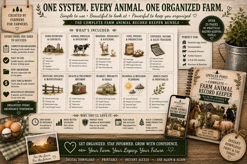 May include: A digital farm animal record keeper bundle featuring a comprehensive layout with sections for animal profiles, breeding, health, and expenses. The document includes illustrations of livestock, farm buildings, and weather icons on a light background.
