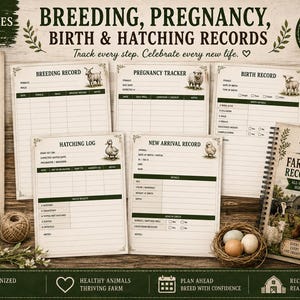 May include: A collection of farm animal record-keeping sheets and a spiral-bound planner titled Complete Farm Animal Record Keeper by Spencer Pines Studio. The pages feature sections for breeding, pregnancy, birth, and hatching logs with illustrations.