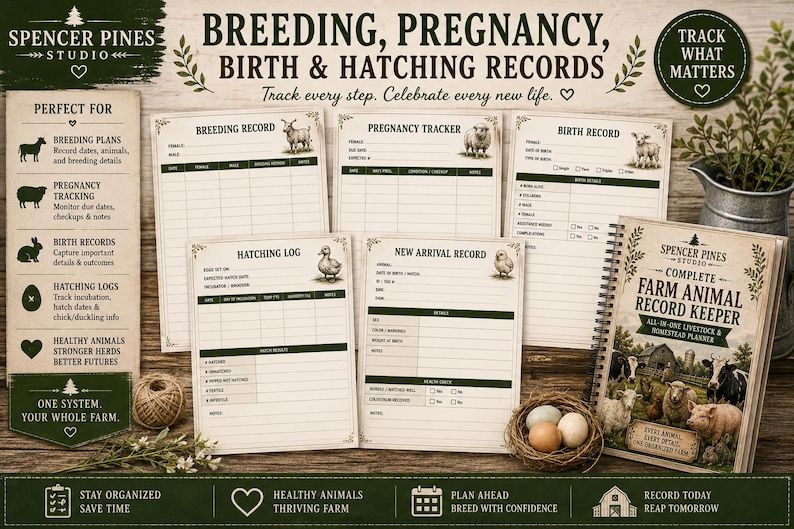 May include: A collection of farm animal record-keeping sheets and a spiral-bound planner titled Complete Farm Animal Record Keeper by Spencer Pines Studio. The pages feature sections for breeding, pregnancy, birth, and hatching logs with illustrations.