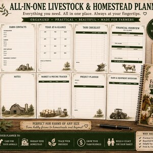 May include: An all-in-one livestock and homestead planner featuring various printable pages including farm contacts, a year-at-a-glance calendar, task checklists, financial overviews, notes, market trackers, project planners, and inventory logs.