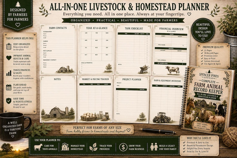 May include: An all-in-one livestock and homestead planner featuring various printable pages including farm contacts, a year-at-a-glance calendar, task checklists, financial overviews, notes, market trackers, project planners, and inventory logs.