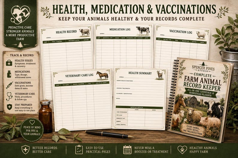 May include: A farm animal record keeper planner with spiral binding, featuring a cover with livestock illustrations and the text Complete Farm Animal Record Keeper. Includes various log sheets for health, medication, vaccinations, and veterinary care.