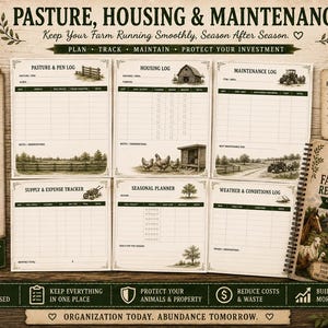 May include: A farm management planner set featuring a spiral-bound book titled Complete Farm Animal Record Keeper and six printable log sheets. The pages include sections for pasture, housing, maintenance, supply, expense, seasonal, and weather tracking.