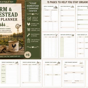 May include: A 15-page printable PDF Farm & Homestead To-Do Planner featuring a spiral-bound cover with a rustic barn scene, a mug, and gloves. The set includes various organizational templates for weekly dashboards, chore lists, and farm maintenance.