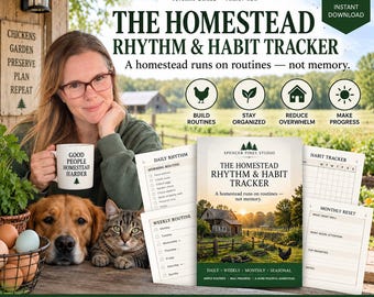 May include: A digital homestead rhythm and habit tracker planner with 34 pages, featuring a cover image of a farm, daily, weekly, and monthly routine templates, and text including The Homestead Rhythm & Habit Tracker and A homestead runs on routines.