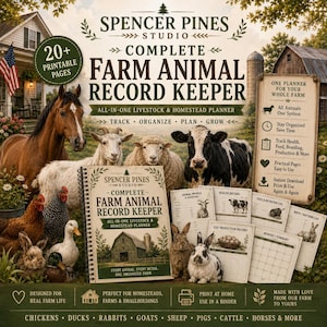 May include: A spiral-bound farm animal record keeper planner with 20+ printable pages. The cover features a barn and farm animals including a horse, goat, sheep, cow, chickens, and rabbits. Includes interior pages for health, breeding, and inventory.