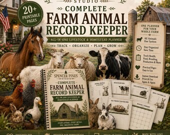 May include: A spiral-bound farm animal record keeper planner with 20+ printable pages. The cover features a barn and farm animals including a horse, goat, sheep, cow, chickens, and rabbits. Includes interior pages for health, breeding, and inventory.