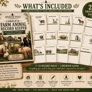 May include: A complete farm animal record keeper planner with 25 printable pages. The spiral-bound cover features illustrations of livestock and the text 'Spencer Pines Studio Complete Farm Animal Record Keeper'. Includes various tracking logs.